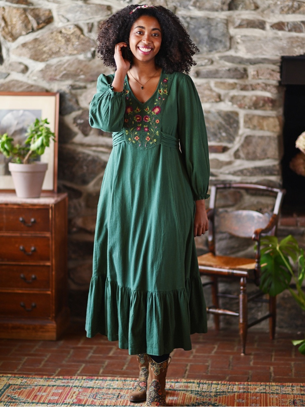April Cornell Faire Dress Embroidered Long Sleeve Forest Green